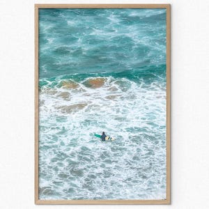 Poster Print Surf Wall Art Photography, Surfing Aerial View Home Decor, Coastal Poster, Turquoise Ocean Print, Surfer Beach Fine Art Print