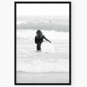 Poster Framed Surfer Girl Wall art Photography Surf Black and White Home Decor, Surfing Girl Poster Print Coastal Artwork Decor Beachy Print
