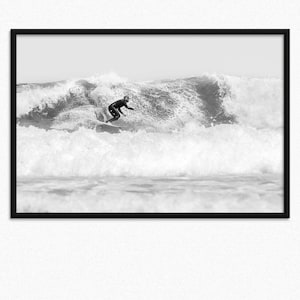 Black and White Surf Photography, Surfing Wall Art - Portugal Ocean Wave Print - Coastal Sports Decor - Poster, Framed, Canvas Print, Surfer
