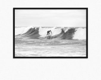 Framed Surfing Print, Black and White Coastal Wall Art