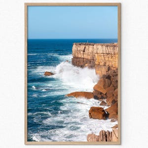Póster de fotografía de pared de la costa de Portugal, decoración del hogar de Peniche Marginal Norte, impresión de bellas artes con salpicaduras de agua en los acantilados, arte enmarcado del océano azul