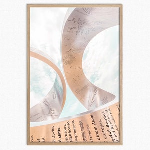 May include: Abstract art print featuring a curved, layered design with handwritten text and mathematical equations in a light brown and white colour scheme.
