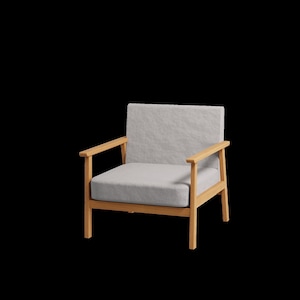 May include: A light grey upholstered armchair with a wooden frame. The chair has a simple design with straight lines and a slightly curved back.