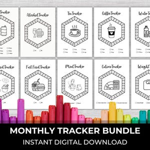 May include: A printable monthly tracker bundle with 10 different trackers for soda, alcohol, tea, coffee, water, junk food, fast food, meals, calories, and weight. Each tracker features a hexagonal design with a relevant icon and a grid for daily tracking.