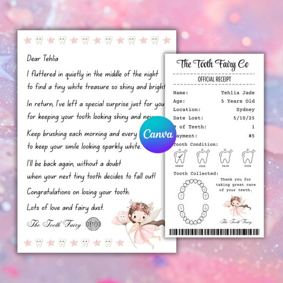 Tooth Fairy Letter Printable, Tooth Fairy Receipt, Editable Tooth Fairy Note, Canva Template, Digital Download