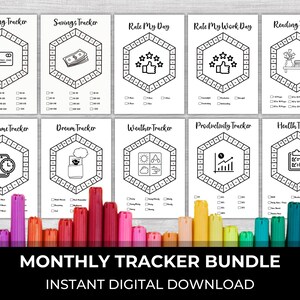 May include: A printable monthly tracker bundle with 10 different trackers, including spending, savings, rate my day, rate my work day, reading, screen time, dream, weather, productivity, and health. Each tracker features a hexagonal design with a unique icon and a grid for recording data.