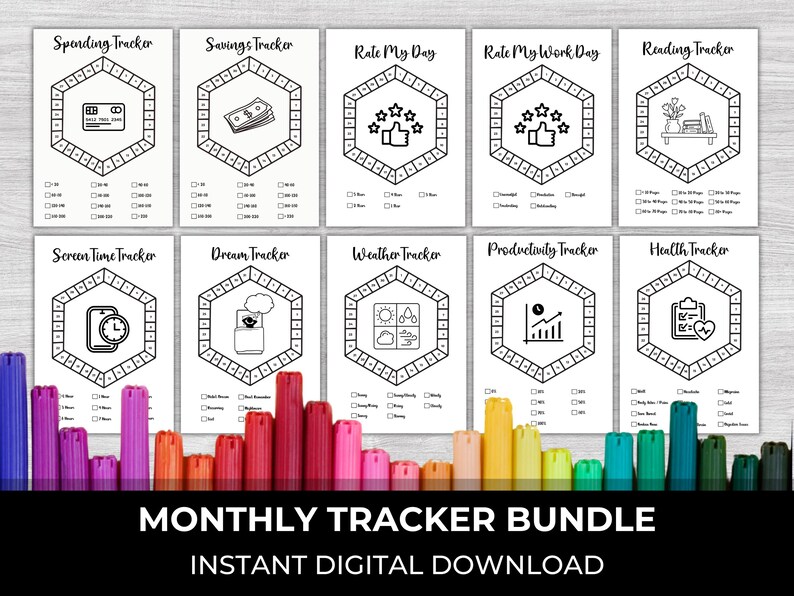 May include: A printable monthly tracker bundle with 10 different trackers, including spending, savings, rate my day, rate my work day, reading, screen time, dream, weather, productivity, and health. Each tracker features a hexagonal design with a unique icon and a grid for recording data.