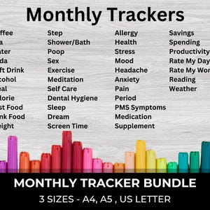 May include: A set of printable monthly trackers for various categories, including health, wellness, finances, and personal habits. The trackers are designed in a colorful bar chart style with red, yellow, green, and blue markers. The text "MONTHLY TRACKER BUNDLE" and "3 SIZES - A4, A5, US LETTER" are displayed at the bottom of the image.