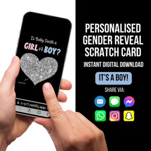Tarjeta rasca y gana personalizada, Es un niño, Revelación de género digital, Anuncio de revelación de género, Ideas para revelar el género, Revelación de tarjeta rasca y gana