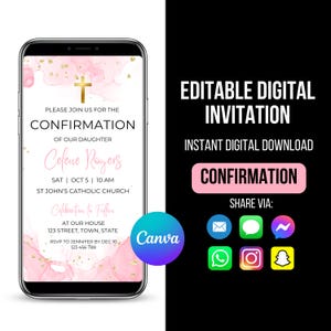 Puede incluir: Invitación digital editable para una ceremonia de confirmación. La invitación presenta un fondo de acuarela rosa y dorado con una cruz y el texto "Confirmación de nuestra hija Celene Rogers". La invitación también incluye la fecha, la hora y el lugar de la ceremonia, así como el texto "Celebraciones a seguir" y la dirección de la recepción.