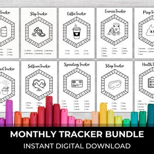 May include: A printable monthly tracker bundle with 10 different trackers, including soda, steps, coffee, exercise, poop, junk food, self-care, spending, sleep, and health. Each tracker features a hexagonal design with a unique icon and a grid for recording daily habits.