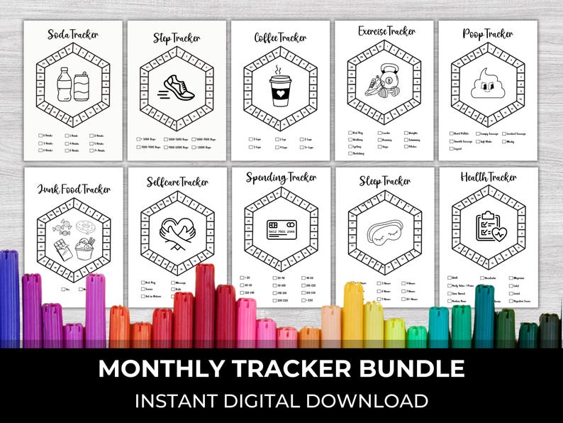 May include: A printable monthly tracker bundle with 10 different trackers, including soda, steps, coffee, exercise, poop, junk food, self-care, spending, sleep, and health. Each tracker features a hexagonal design with a unique icon and a grid for recording daily habits.