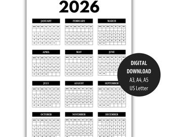 2026 Year at a Glance Calendar, Wall Calendar, Yearly Calendar, Full Year, Minimalist Calendar, Yearly Planner, PDF, Printable Calendar