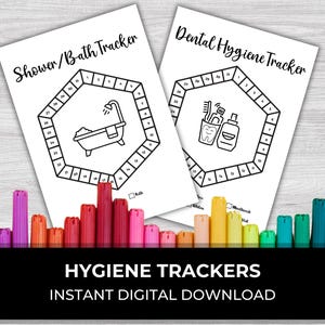 Seguimiento de ducha, seguimiento de baño, seguimiento de cepillado de dientes, seguimiento de higiene, seguimiento mensual, seguimiento de píxeles, página de diario imprimible, seguimiento de hábitos
