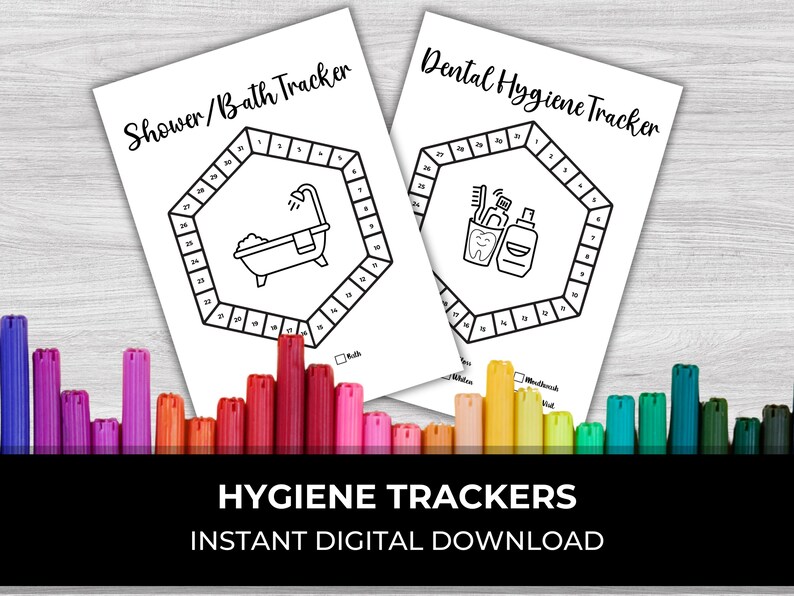 Shower Tracker, Bath Tracker, Teeth Brushing Tracker, Hygiene Tracker, Monthly Tracker, Pixel Tracker, Printable Journal Page, Habit Tracker image 1