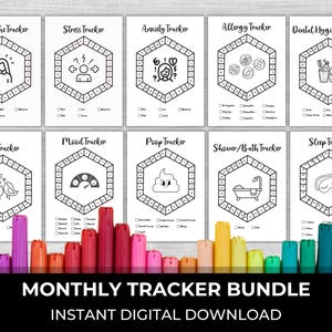 May include: A printable monthly tracker bundle with 10 different trackers, including headache, stress, anxiety, allergy, dental hygiene, mood, poop, sex, shower/bath, and sleep. Each tracker features a hexagonal design with a unique icon and a grid for daily tracking.
