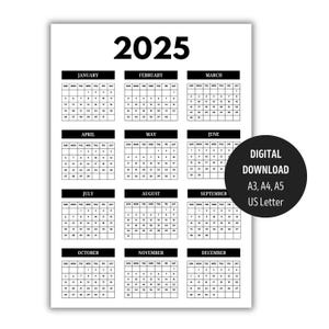 2025 Calendar, 2025 Wall Calendar, Yearly Calendar, Full Year, Minimalist Calendar, Yearly Planner, 2025 Calendar PDF, Printable Calendar