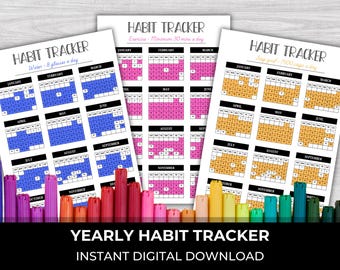 Habit Tracker Printable, Yearly Habit Tracker, Monthly Habit Tracker, Daily Habit Tracker, Journal Tracker Pages, Bullett Journal Pages