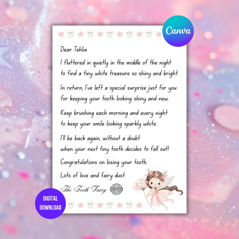 May include: A digital download of a Tooth Fairy letter for Tehlia, with a pink and purple background. The letter includes a message about a lost tooth and a drawing of a fairy holding a flower.