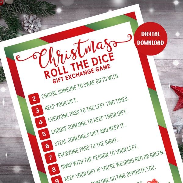 Christmas Gift Exchange Dice Game, Drinking Game, Xmas Gift Exchange, Printable, White Elephant Gift Exchange, Christmas Pass the Gift Game