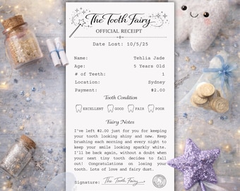 Editable Tooth Fairy Receipt Printable, Tooth Fairy Letter, Tooth Fairy Note, Tooth Fairy Certificate, Canva Template (Digital Download)