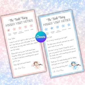 May include: Two Tooth Fairy Missed Visit Notices. One is pink, the other is blue. Each has a header and text. The pink notice is addressed to Tehlia, and the blue notice is addressed to Jack. Both notices have a fairy illustration.