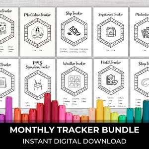 May include: A printable bundle of 10 monthly tracker pages. Each page features a hexagonal design with a different icon representing the tracker's purpose. The icons include a kettlebell, a meditating person, a running shoe, a pill bottle, a bottle of vitamins, a calendar, a female figure, a sun, a clipboard with a heart, and a sleep mask. The text "MONTHLY TRACKER BUNDLE" and "INSTANT DIGITAL DOWNLOAD" is at the bottom of the image.