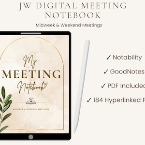 Puede incluir: Una tableta digital que muestra una portada de cuaderno JW Digital Meeting con fondo de acuarela beige, arco dorado y rama de olivo. El texto dice My Meeting Notebook y Midweek & Weekend Meetings. Un lápiz óptico blanco está junto a la tableta.