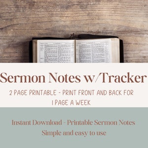 Sermon Notes with Bonus Sermon Tracker, doodle section, gratitude section, Key Points, Daily Application, Announcements, Prayer Requests