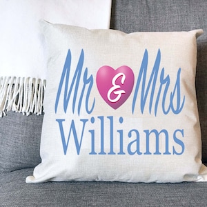 Mr & Mrs Personalised Naturally Woven Linen Style Cushion Cover Pillow Gift Available in Choice Of Print Colours Available
