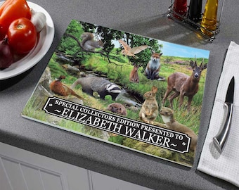British Countryside Wildlife Animals Personalised Toughened Glass Heat Resistant Worktop Saver Cutting and Chopping Board Gift