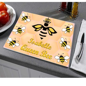 Queen Bee Design Personalisiertes Hartglas Hitzebeständige Arbeitsplatte Saver Schneide- und Schneidebrett Geschenk