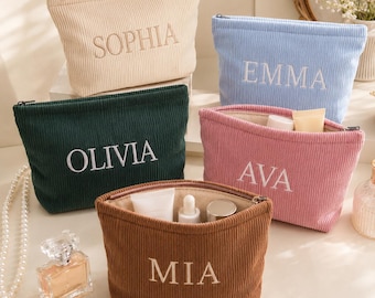 Personalized Embroidered Corduroy Makeup Bag,Custom Embroidered Name Travel Pouch,Monogramed Toiletry Bag,Unique Bridesmaid Proposal Gift