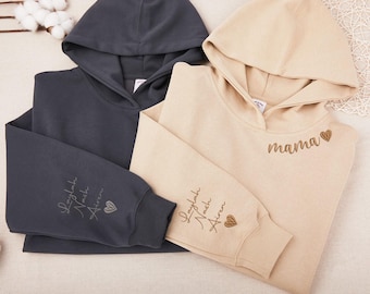 Personalisierter Mom Stickerei Hoodie, Individuell gestickter Mama Hoodie, Individuell gesticktes Mama Sweatshirt mit Kindername auf dem Ärmel, Minimalistischer Momma Pullover,