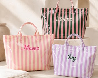 Personalized Waterproof Beach Tote,Custom Embroidered Name Bag,PVC Pool Bag,Striped Tote Bag,Striped Bridesmaid Tote,Bachelorette Gift