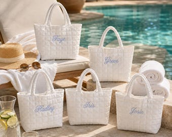 Custom Name Embroidered Quilted Tote, Personalized Bridesmaid Tote Bag, Embroidered Bridal Party Gift, Bachelorette Favor, Bridesmaid Gift