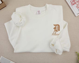 Embroidered Name Sweatshirt,Personalized crew neck hoodie, Custom date on sleeve, Mother's Day gift, 1st wedding anniversary gift,1913