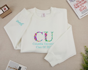 College Floral Letter Embroidered Hoodie or Sweatshirt,Custom College Embroidered Sweatshirt, Sorority Crewneck, Graduation Gift For Friend