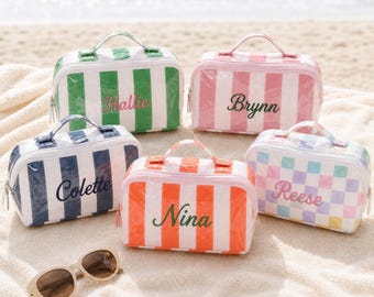 Personalized Waterproof PVC Cosmetic Bag,Custom Embroidered Name Makeup Pouch,Monogram Striped Makeup Bag,Vacation Travel Cosmetic Pouch