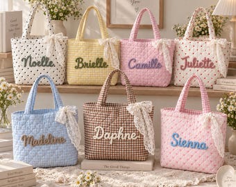 Personalized Quilted Heart Tote Bag, Custom Bridesmaid with Lace Ribbon Gift Bag, Embroidered Bachelorette Party Favor, Wedding Tote
