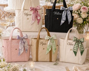 Personalized Embroidered Bridesmaid Tote Bag, CustomCanvas Beach Bag with Initial Ribbon, Wedding Gift for Bridesmaids, Bridal Party Gift