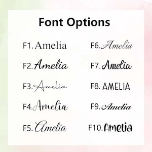 May include: A white background displays "Font Options" in bold black text. Below, ten font options are shown, each labeled F1 through F10, with the name "Amelia" written in various styles, including a bold, all-caps version.