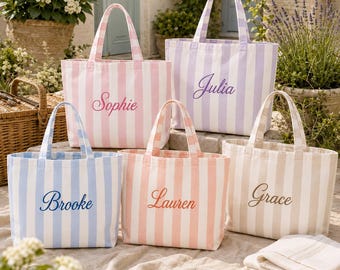Personalized Embroidered Mrs Striped Tote Bag,Custom Bridal Canvas Tote, Bridesmaid Gift Bag,Bachelorette Party Favor,Striped Beach Tote
