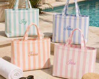 Personalized Embroidered Name Canvas Pool Tote,Custom Striped Bridesmaid Tote Bag,Bachelorette Gift,Girls Trip Gift Bag,gift for her