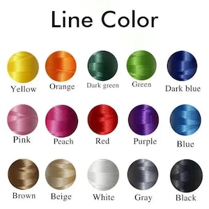 May include: Image showing a color chart labeled "Line Color." The chart displays 15 thread colors, including yellow, orange, dark green, green, dark blue, pink, peach, red, purple, blue, brown, beige, white, gray, and black.