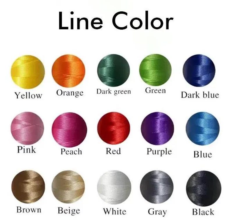 May include: Image showing a color chart labeled "Line Color." The chart displays 15 thread colors, including yellow, orange, dark green, green, dark blue, pink, peach, red, purple, blue, brown, beige, white, gray, and black.