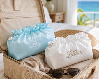 Personalized Embroidered Bridal Party Pouch, Custom Name Ruffled Cloud Makeup Pouch, Monogram Toiletry Bag, Getting Ready Gift, Bridal Party