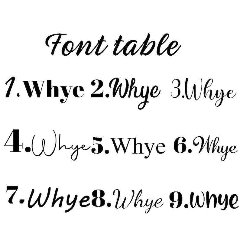 May include: Font table showing nine variations of the word "Whye" in a cursive script font.