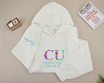 Custom College Embroidered Sweatshirt, Floral Letter Embroidered Hoodie, College University High School Crewneck,  Sorority Crewneck