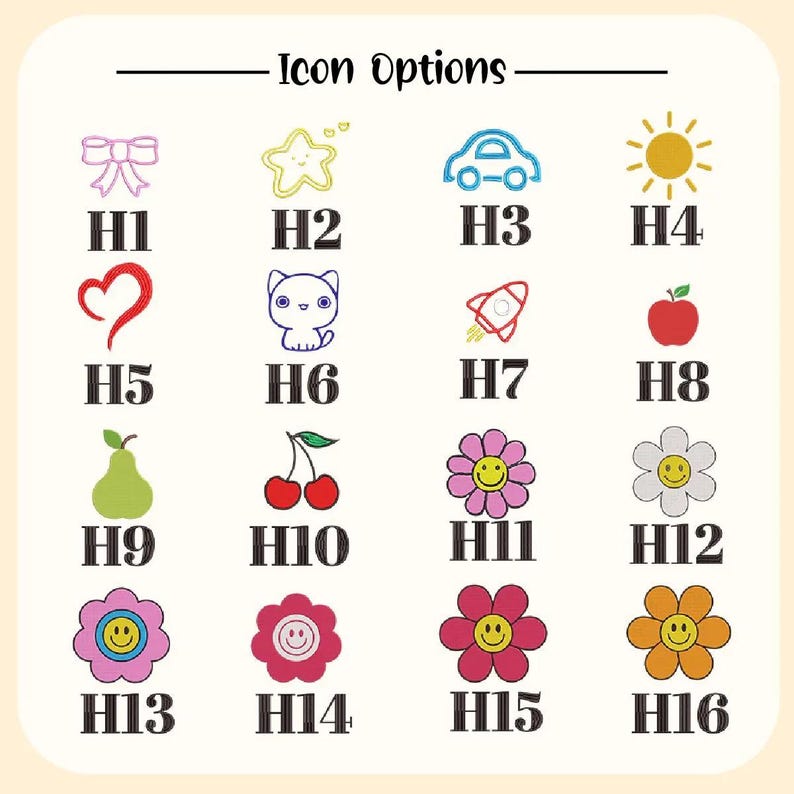 May include: A collection of sixteen embroidered icon options, including a bow, star, car, sun, heart, cat, rocket, apple, pear, cherries, and various flower designs. The text "Icon Options" is at the top.